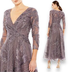 Mac Duggal Dress 4 Purple Embellished Wrap Over 3/4 Sleeve Dress‎ A-Line 20336